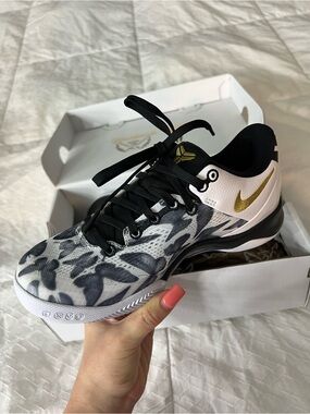 Nike Women's Black & White Floral Training Shoe with Gold Swoosh